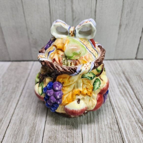 Vintage Painted Cookie Jar Fruits and Fall Leaves Design Ceramic with Lid - Picture 1 of 8